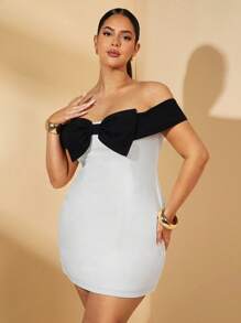 SHEIN BAE Plus Size Women's Contrast Color Off-Shoulder Bowknot Decor A-Line Mini Dress, Suitable For Gatherings, Parties, Outings, Dates - Bridesmaid Dress, Plus Size Elegant Dress, Black Dresses For Women, Valentine's Day Dress, Ladies Dresses, Black Dress, White Elegant Classy Dresses, Graduation Season, Plus Size Wedding Dresses, Formal Dresses For Ladies, Gowns, Ruched Dress, Plus Size Prom Dress, Plus Size Gown, Going Out Dress - Black and White - View 4