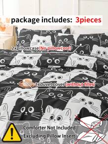 3 件套卡通猫图案羽绒被套套装(1 件羽绒被套和 2 件枕套),适合所有季节的可爱布艺床上用品套装 - 彩色 - 查看 5