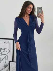 Aloruh Damen Abendkleid mit tiefem V-Ausschnitt, Volant-Saum, Meerjungfrau-Schnitt, Mesh-Material, für Partys und Weihnachten, sexy