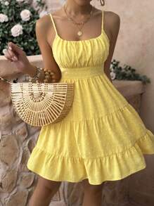 Breezaya Women's Solid Color Spaghetti Strap Swiss Dot Casual Yellow Dress For Summer - Yellow - View 1
