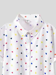 SHEIN Explorewe 少女心形印花短袖单排扣休闲衬衫 - 白色 - 查看 4