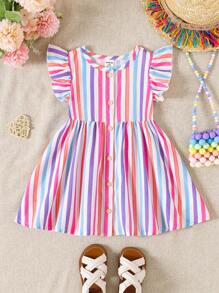 Baby Girls Elastic Striped Round Neck Flare Waisted Dress, Simple & Fashionable Style, Suitable For Indoor & Outdoor Wear, Spring