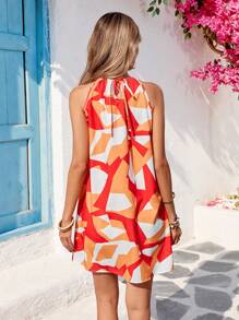 Vivid Eden 梭织印花露肩女式短裙春夏装、夏装、情人节、女士度假装、女士沙滩装、节日、浪漫优雅服装、波西米亚风、波西米亚风、甜美风、狂欢节装扮、热带度假女装、狂欢节 - 橘色 - 查看 2