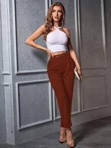 SHEIN Privé Women's Solid Color High Waisted Tapered Leg Casual/Office Pants - Rust Brown - View 4