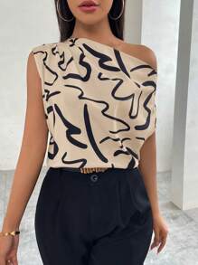 SHEIN Privé Blusa asimétrica con cuello estampado para mujer - Caqui - Ver 5