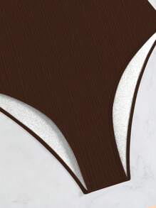 SHEIN Swim 女士春假海滩装：度假针织纯色小罗纹毛衣蕾丝花瓣女士连体泳衣 - 咖啡棕 - 查看 3