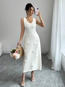 Chiquease Women's Spring/Summer V-Neck Sleeveless 3D Floral Sexy Versatile Fashion Knit Dress - Apricot - View 1