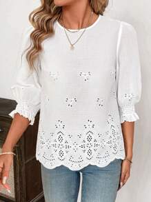 SHEIN Clasi Camisas casuales de mujer de unicolor con cuello redondo, manga media y bordado, aptas para Pascua, estilo bohemio, conciertos, Día de San Patricio, festivales rave, descanso de primavera, verano, playa, conciertos de country, vacaciones casuales, mujeres de estilo country