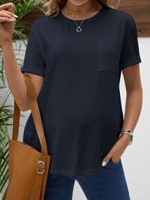 SHEIN Maternity Casual Solid Color Round Neck Short Sleeve T-Shirt Vacation Outfits Woman Beach - Navy Blue - View 1