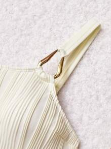 SHEIN MOD 金属扣装饰连体泳衣，提花针织面料 - 杏色 - 查看 4