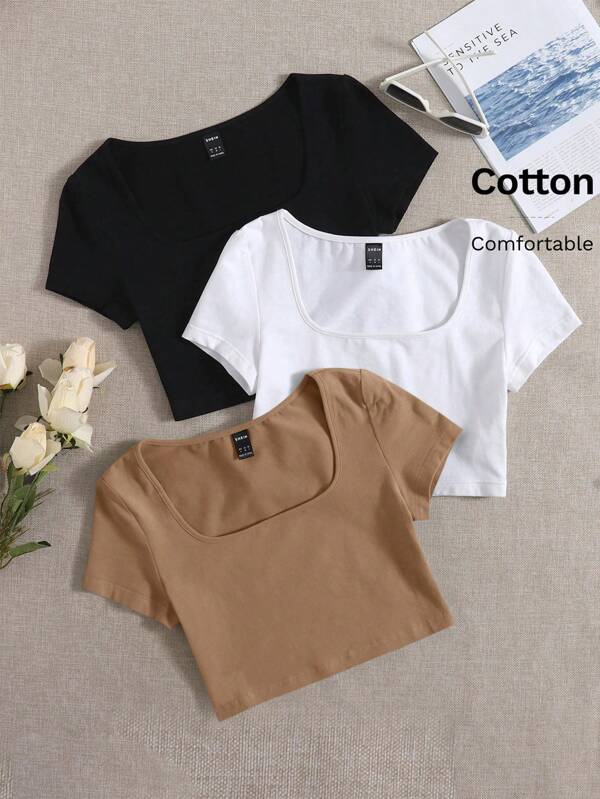 SHEIN EZwear Camiseta De Manga Corta Con Cuello Cuadrado Para Mujer