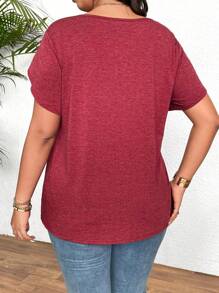 SHEIN LUNE 大码女式畅销休闲酒红色十字交叉短袖圆领百搭修身时尚 T 恤，春夏