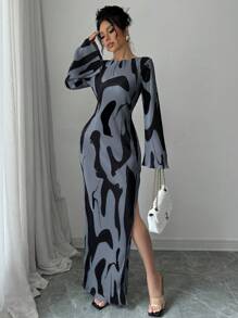 Chiquease 女士图案印花深 V 形后背扭纹交叉长袖褶皱侧开衩下摆连衣裙 - 灰色 - 查看 6