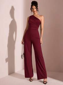 SHEIN BAE Tuta elegante di colore nero unito asimmetrica con spalla scoperta, adatta per appuntamenti quotidiani, uscite serali, discoteche, feste, ritrovi, feste cocktail, feste in piscina, abbigliamento da ufficio, tute da pendolare, tute da vacanza - Bordò - Visualizzare 4