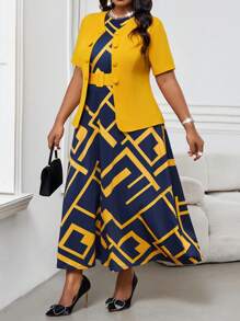 SHEIN Lady Plus Size Contrast Color Geometric Print Skirt Teacher Clothing Set Women's Two Pieces Summer Women's Suit Valentine's Day Vacation Outfits Woman New Year Party Sundress Lounge Sets For Women Church Clothes Women Spring Outfits For Women