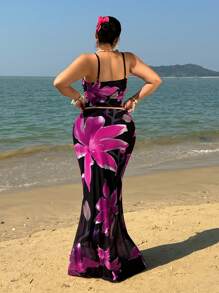 Flirla 2pcs/Set Plus Size Women Floral Print Camisole & Extra Long Skirt Co-Ord Set, Vacation Beach - Multicolor - View 2