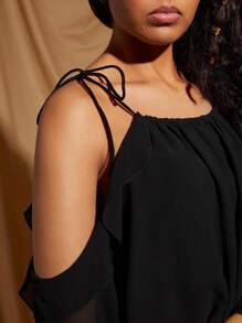 COSMINA Váy mini dự tiệc viền bèo nhún bằng vải chiffon đen thanh lịch dành cho nữ, Xuân/Hè - màu đen - Xem 3