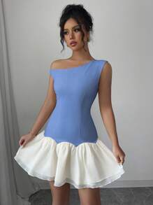 Chiquease Vestido corto sin mangas de mujer con diseño en organza de parches de color de contraste asimétricos en los hombros, nuevo para el otoño