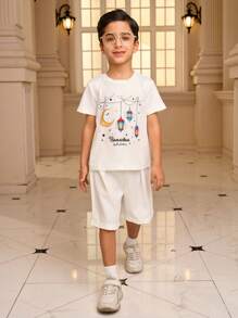 2pcs/Set Young Boy Ramadan Monochrome Retro Print Graphic T-Shirt - Black and White - View 5