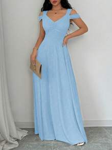 Rafferiza 1 件套 V 领收腰复古风格女式连衣裙长款女式服装 - 淺藍色 - 查看 5