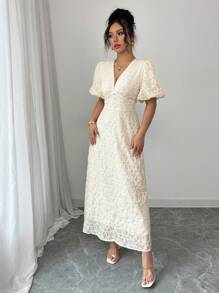 Elenzga 女士休闲优雅夏季法式长裙，V 领，纹理刺绣面料，腰部装饰，灯笼袖，A 字形轮廓和衬里 - 杏色 - 查看 6