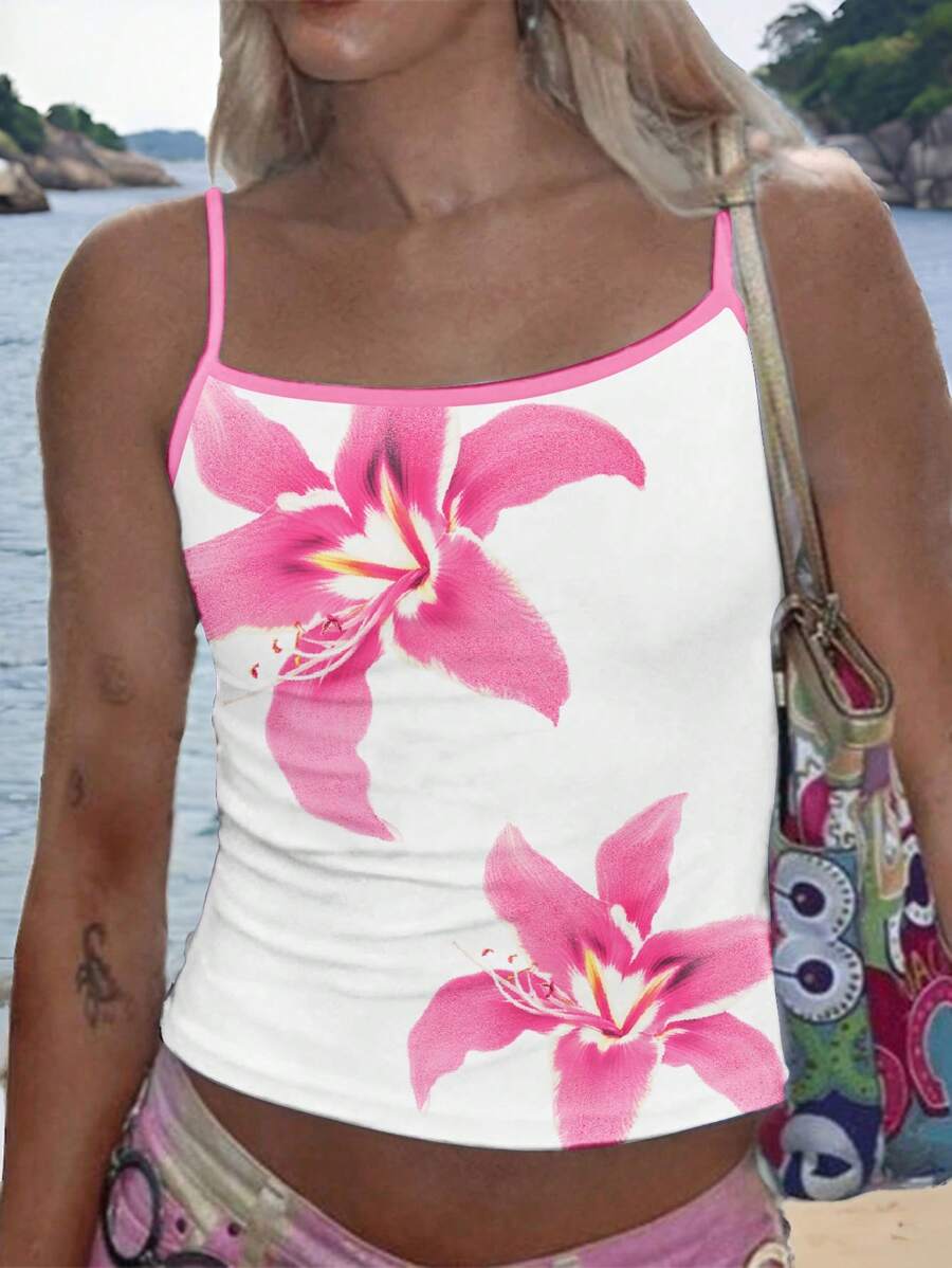 SHEIN EZwear Áo ba lỗ bó sát họa tiết hoa gợi cảm dành cho nữ, thích hợp cho mùa hè - trắng - Xem 1