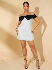 SHEIN BAE Plus Size Women's Contrast Color Off-Shoulder Bowknot Decor A-Line Mini Dress, Suitable For Gatherings, Parties, Outings, Dates - Bridesmaid Dress, Plus Size Elegant Dress, Black Dresses For Women, Valentine's Day Dress, Ladies Dresses, Black Dress, White Elegant Classy Dresses, Graduation Season, Plus Size Wedding Dresses, Formal Dresses For Ladies, Gowns, Ruched Dress, Plus Size Prom Dress, Plus Size Gown, Going Out Dress - Black and White - View 5