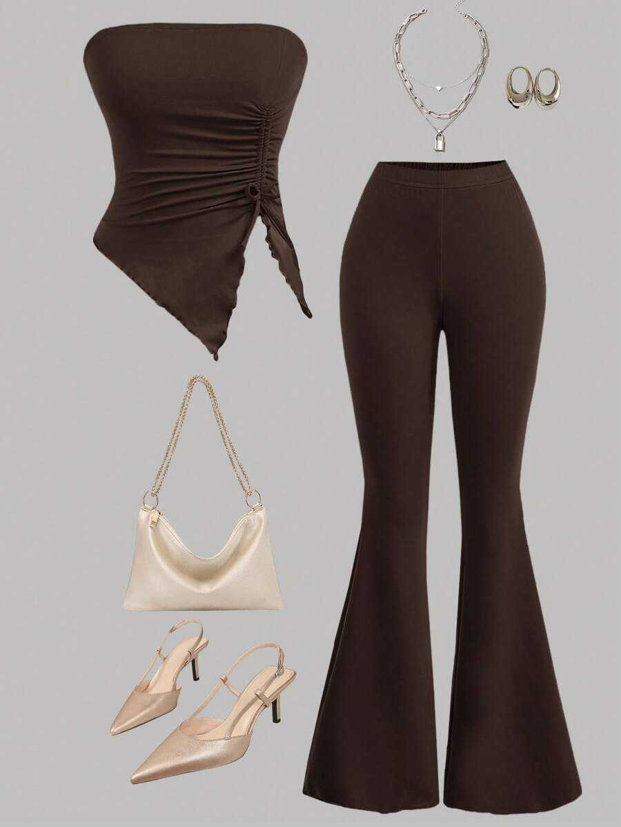 SHEIN Girlism 2 件套少女褶皱抹胸上衣和喇叭裤套装 - 棕色 - 查看 1