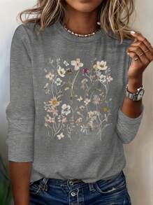 INAWLY 女士休闲花卉印花圆领 T 恤，适合春秋季节