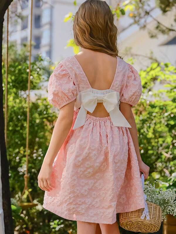 Wildeya Holiday,Summer,TravelTween Girl Elegant Lovely Puff Sleeve Bow Decor Short Dress, White, Suitable For Summer And Spring, Suitable For Party And Vacation Wear