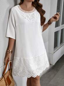 SHEIN LUNE Plus Size Women's Bamboo Fiber Fabric Splice Ruffle Hem Lining A-Line Dress, Summer - White - View 5