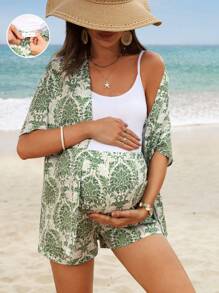 SHEIN 2pcs/Set Maternity Vacation Floral Print Short Sleeve Kimono & Adjustable Waist Shorts, Casual Wear - Green - View 7