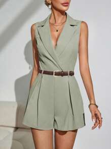 Women's Khaki Ruffle Hem Short Jumpsuit - Mint Blue - View 4