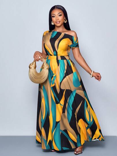 SOLERSUN 大码春夏时尚优雅通勤休闲斜肩短袖大裙收腰文艺街头海边度假约会旅游女模