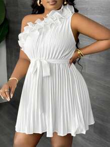 Slaydiva Plus Size Women Floral Ruffle Asymmetric Shoulder Wide Leg Jumpsuit,Graduation Dress - White - View 5