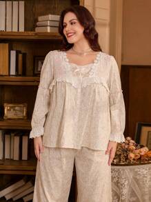 Floral Embroidered Vintage Lace Square Collar Ditsy Ditsy Floral Cardigan With Bell Sleeves Pajamas Set, Plus Size - Multicolor - View 3