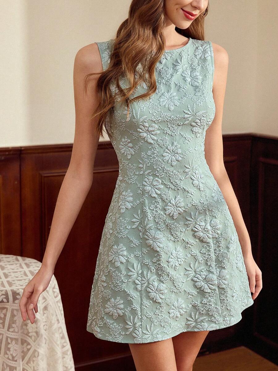 Vintamour 复古优雅度假提花迷你连衣裙，无袖修身喇叭绿色连衣裙，春夏