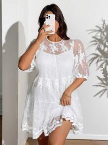 SHEIN Clasi Plus Size Elegant Lace Mesh Mid-Length Dress - White - View 2