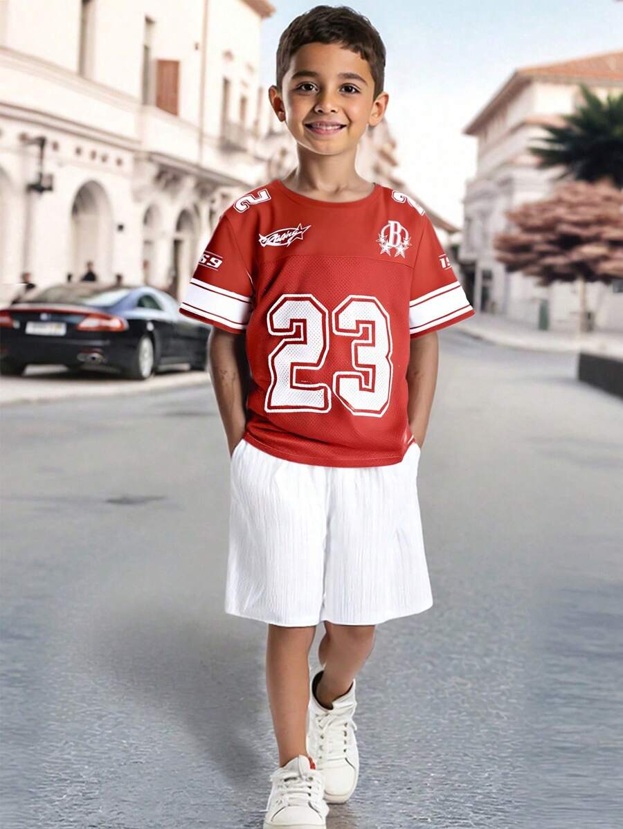 SHEIN Tween Boy Sporty Casual Letter Print Contrast Color Round Neck T-Shirt - Red - View 1