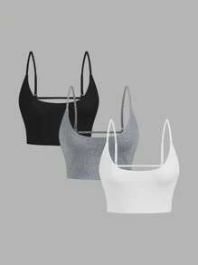 SHEIN BASICS 3件套休闲纯色露脐吊带背心上衣，春季女装 - 彩色 - 查看 1