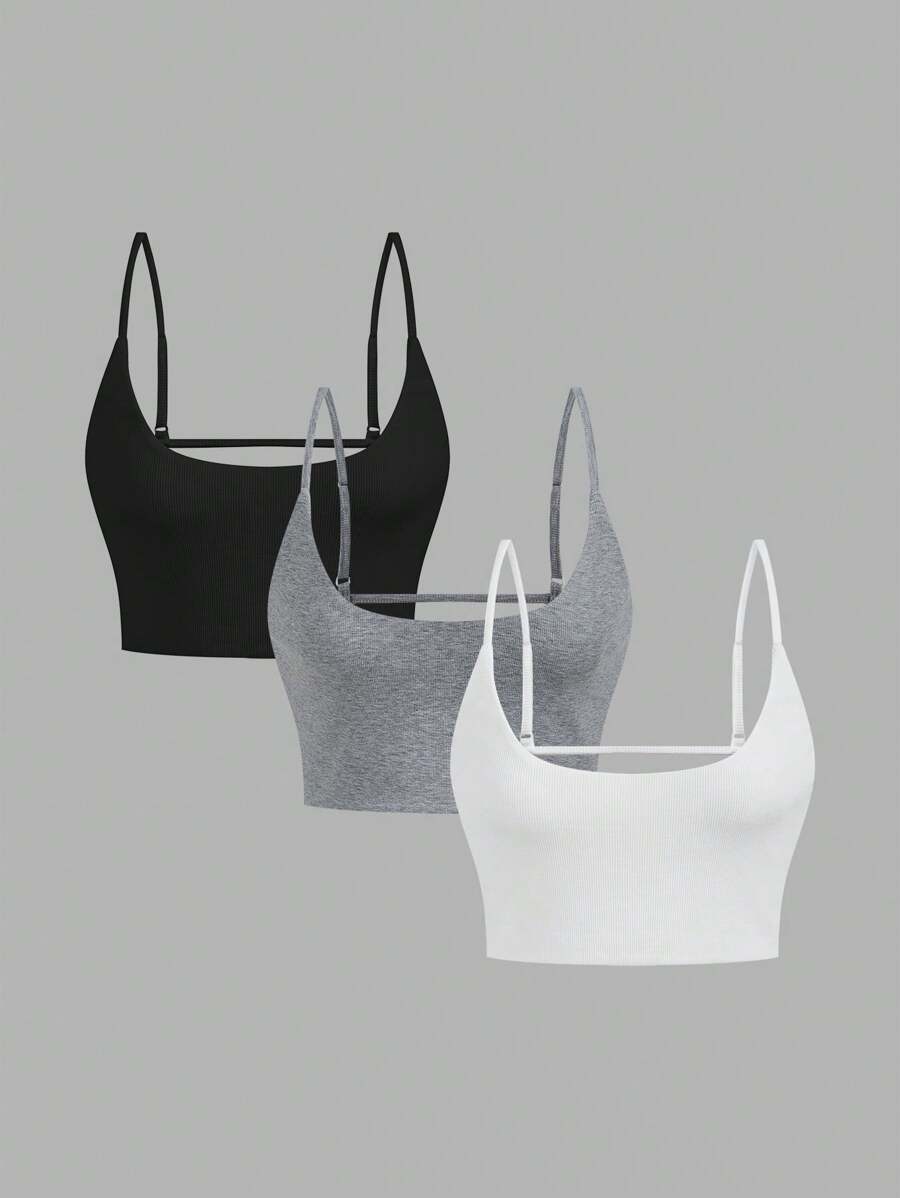 SHEIN BASICS 3件套休闲纯色露脐吊带背心上衣，春季女装 - 彩色 - 查看 1