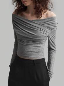 Ontre 2025 New Women's Long Sleeve Solid Grey Crossover Off Shoulder Pleated Fitted Top, Spring/Summer Holiday Clothing, Valentine's Day