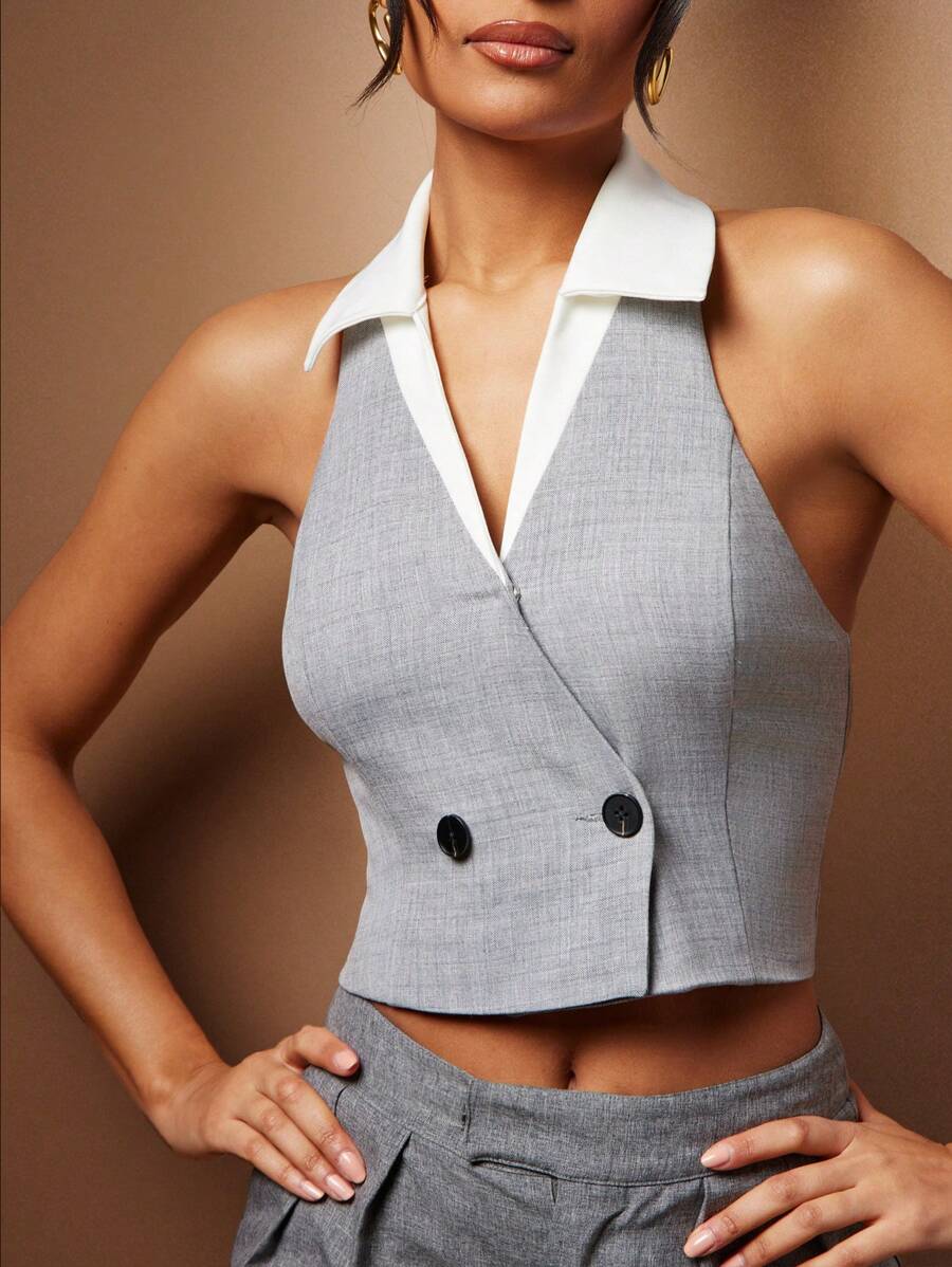 Hauture Summer Women Sophisticated Grey Contrast White Collar Double Breasted Backless Halter Top,Smart Casual Night Out Old Money Vest Business Crop Tops - Grey - View 1