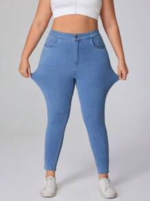 SHEIN Essnce Plus Size Front Button Pocket Simple Slim Fit Casual Jeans Stretchy Knit Denim Apple Bottom Jeans - Blue - View 3