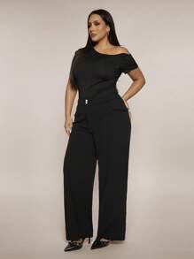 SHEIN BAE Plus Size Women's Black Pocket Button Wide Leg Pants, Office Pocket Long Pants, Y2K Flare Pants, Party Pants, Graduation, Concert, Birthday, Beach, Vacation, Club, Night Out, Summer Pants, Summer, Spring For Women, Concert, Rave, Festival, Vacation, West, Minimalism, Gyaru, Summer Women Pants - Black - View 1