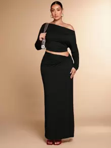 SHEIN BAE 大码女式灰色纯色约会之夜简约优雅舒适不对称领口褶皱上衣和低腰扭结裙优雅女士两件套/秋季两件套/上衣和裙子套装/针织套装