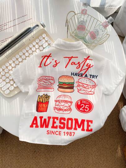 SHEIN 1pc Kids/Toddler Boys Casual Versatile Comfortable Fashionable Loose Hamburger Pattern Shirt, Suitable For Daily Wear, Sports, Outings, School, Gatherings, Holidays, Photoshoots, Back To School Season, Spring/Summer