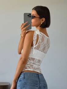 SHEIN Essnce Women's Elegant Solid Sheer Lace Camisole - White - View 2