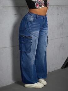 SHEIN SXY 大码前扣口袋简约设计休闲牛仔裤 - 藍色 - 查看 3