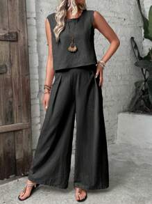 SHEIN LUNE Women's Simple Solid Color Sleeveless Vest And Long Pants Two-Piece Set - Black - View 5